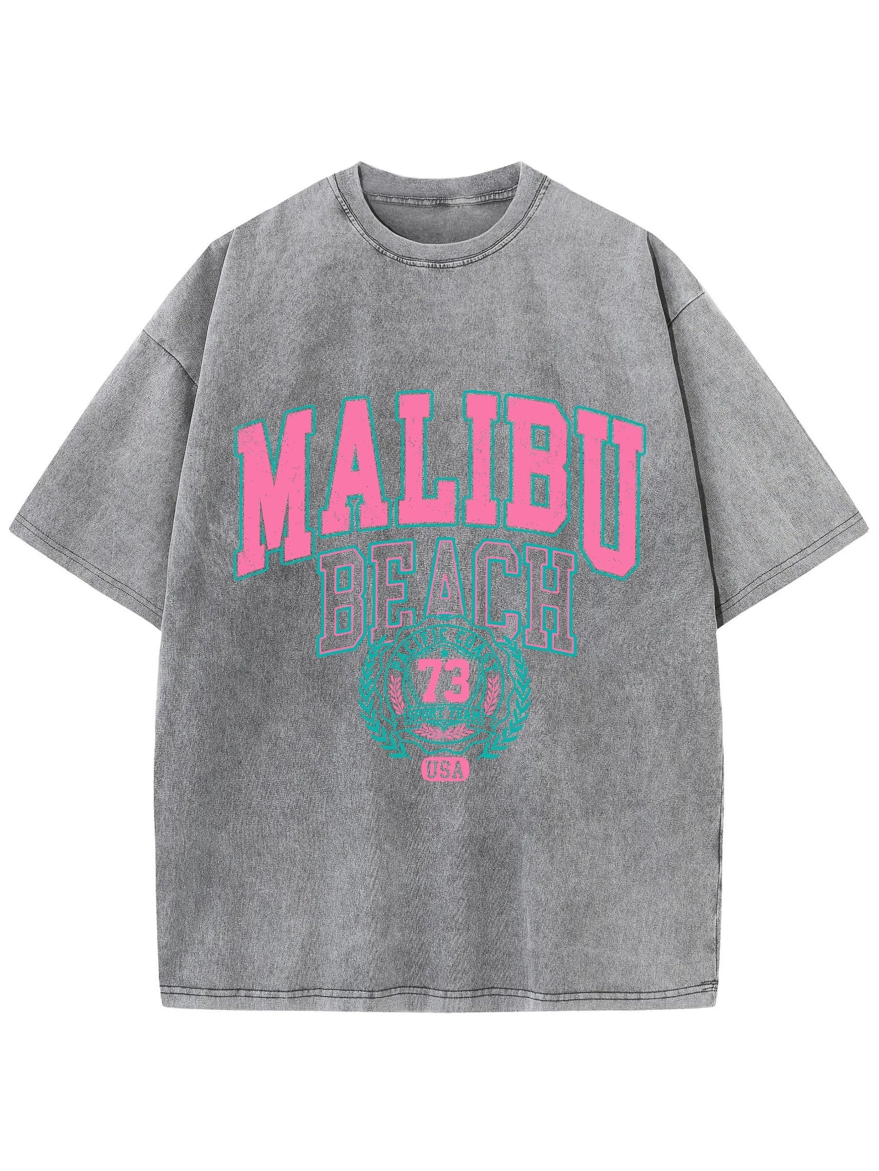 Malibu Beach Washed Cotton T-Shirt for Women Casual Oversized Crewneck Tee with Letter Print Soft Comfortable Short Sleeve Top