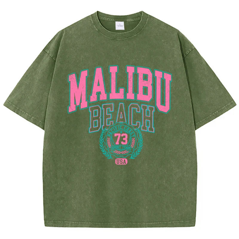 Malibu Beach Washed Cotton T-Shirt for Women Casual Oversized Crewneck Tee with Letter Print Soft Comfortable Short Sleeve Top