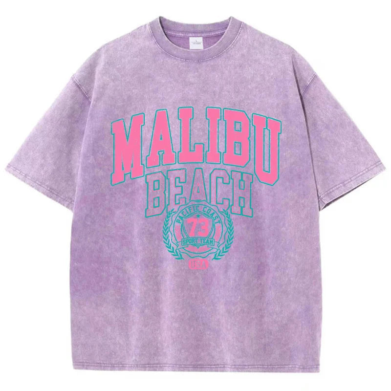Malibu Beach Washed Cotton T-Shirt for Women Casual Oversized Crewneck Tee with Letter Print Soft Comfortable Short Sleeve Top