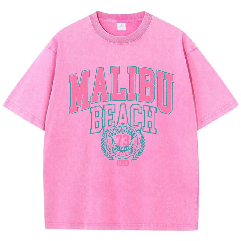 Malibu Beach Washed Cotton T-Shirt for Women Casual Oversized Crewneck Tee with Letter Print Soft Comfortable Short Sleeve Top
