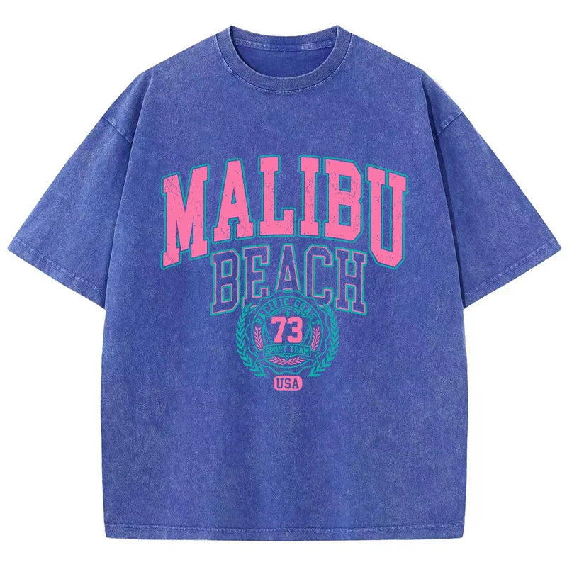 Malibu Beach Washed Cotton T-Shirt for Women Casual Oversized Crewneck Tee with Letter Print Soft Comfortable Short Sleeve Top
