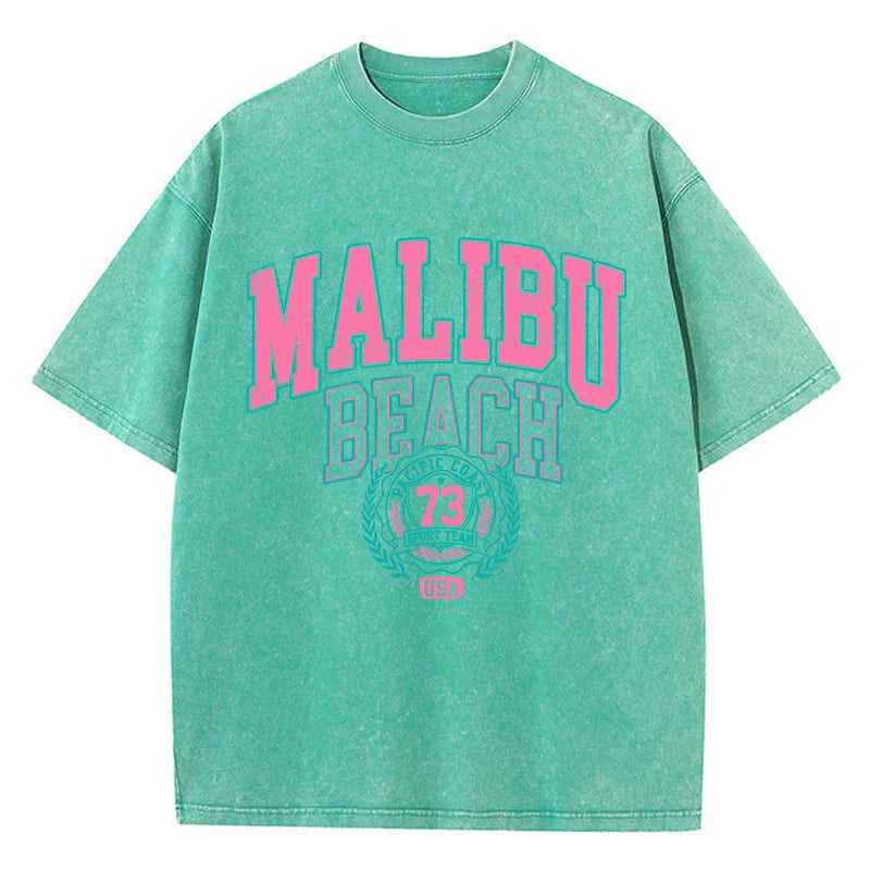 Malibu Beach Washed Cotton T-Shirt for Women Casual Oversized Crewneck Tee with Letter Print Soft Comfortable Short Sleeve Top