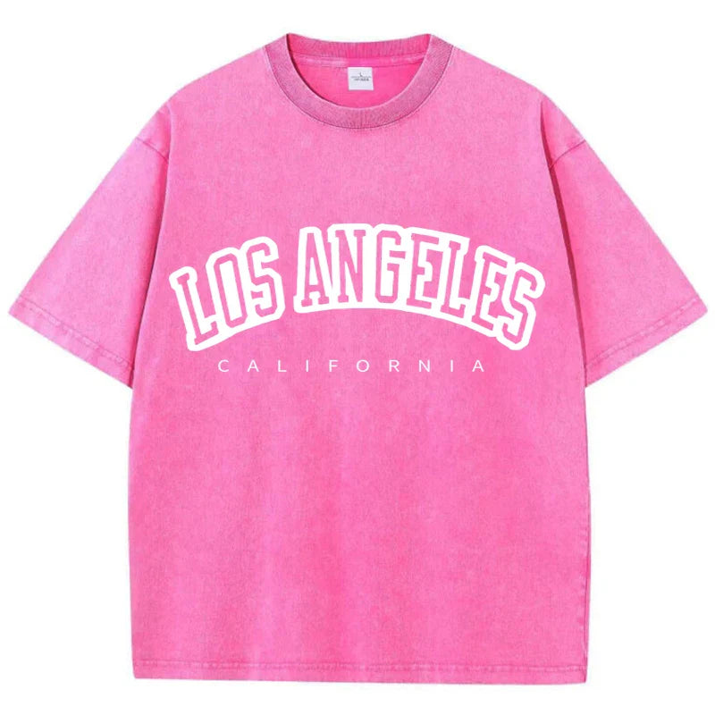 Women's Cotton Washed O-Neck Distressed Short Sleeve T-Shirt Los Angeles Print Casual Summer Streetwear Top