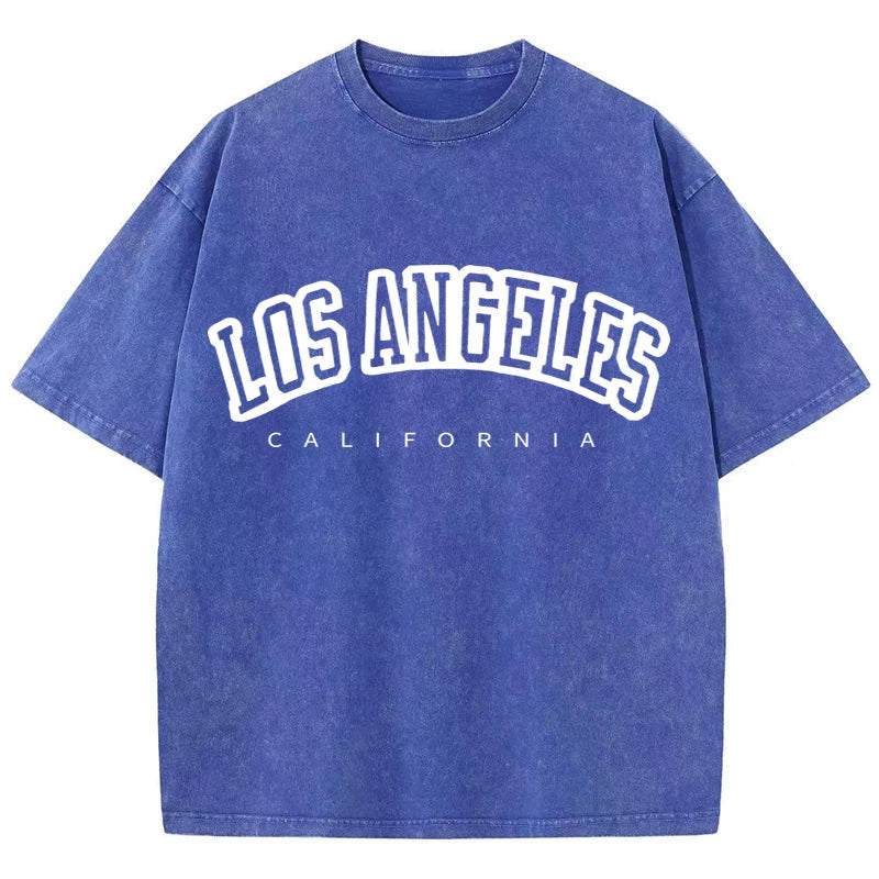 Women's Cotton Washed O-Neck Distressed Short Sleeve T-Shirt Los Angeles Print Casual Summer Streetwear Top