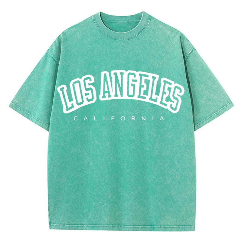 Women's Cotton Washed O-Neck Distressed Short Sleeve T-Shirt Los Angeles Print Casual Summer Streetwear Top