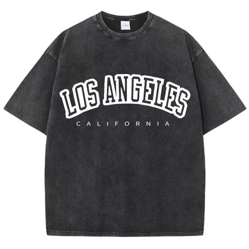 Women's Cotton Washed O-Neck Distressed Short Sleeve T-Shirt Los Angeles Print Casual Summer Streetwear Top