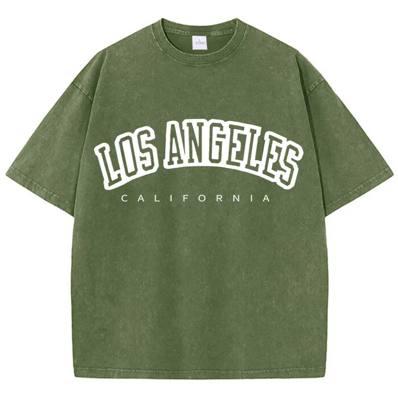 Women's Cotton Washed O-Neck Distressed Short Sleeve T-Shirt Los Angeles Print Casual Summer Streetwear Top