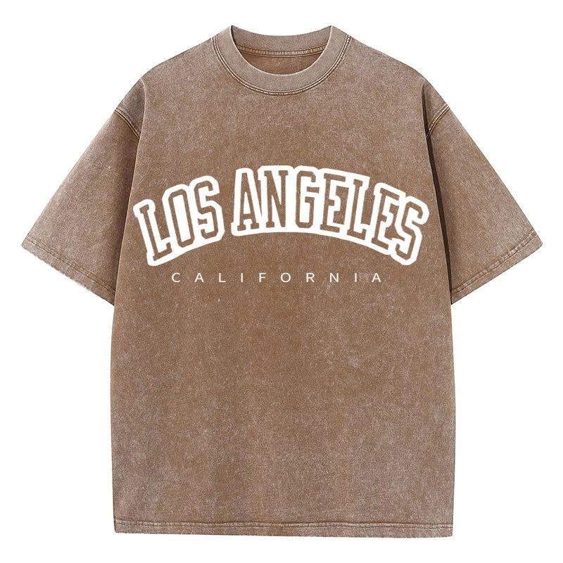 Women's Cotton Washed O-Neck Distressed Short Sleeve T-Shirt Los Angeles Print Casual Summer Streetwear Top