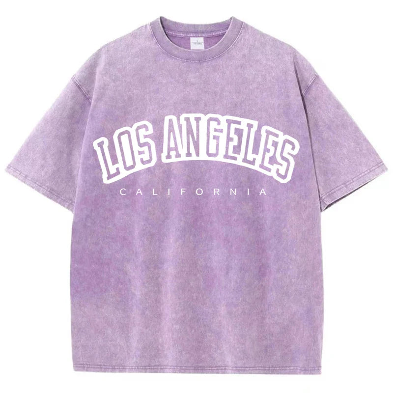 Women's Cotton Washed O-Neck Distressed Short Sleeve T-Shirt Los Angeles Print Casual Summer Streetwear Top