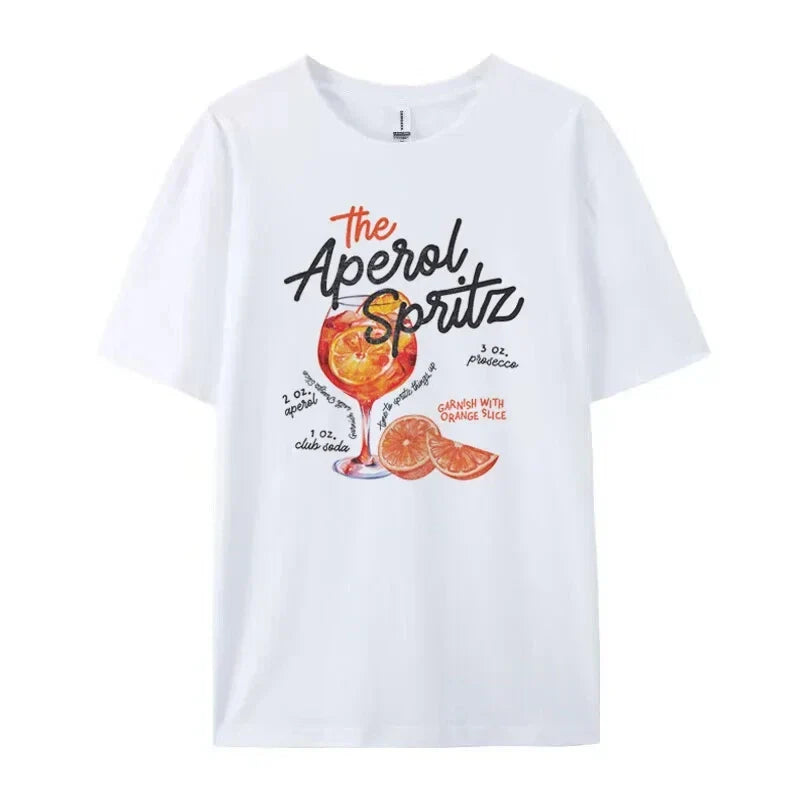 Cotton Women's T-Shirt Soft Comfortable O-Neck Loose Fit Retro Aperol Spritz Cocktail Print Casual Tee in Multiple Colors