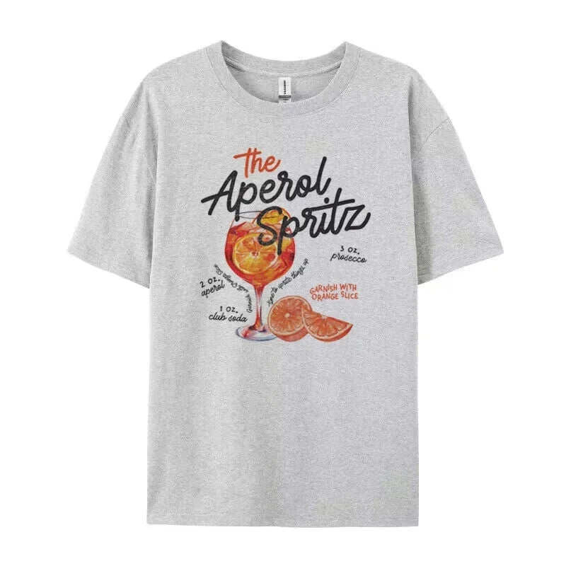 Cotton Women's T-Shirt Soft Comfortable O-Neck Loose Fit Retro Aperol Spritz Cocktail Print Casual Tee in Multiple Colors