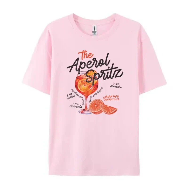Cotton Women's T-Shirt Soft Comfortable O-Neck Loose Fit Retro Aperol Spritz Cocktail Print Casual Tee in Multiple Colors