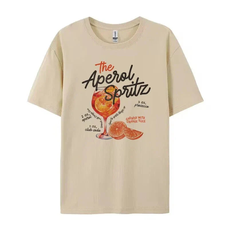 Cotton Women's T-Shirt Soft Comfortable O-Neck Loose Fit Retro Aperol Spritz Cocktail Print Casual Tee in Multiple Colors