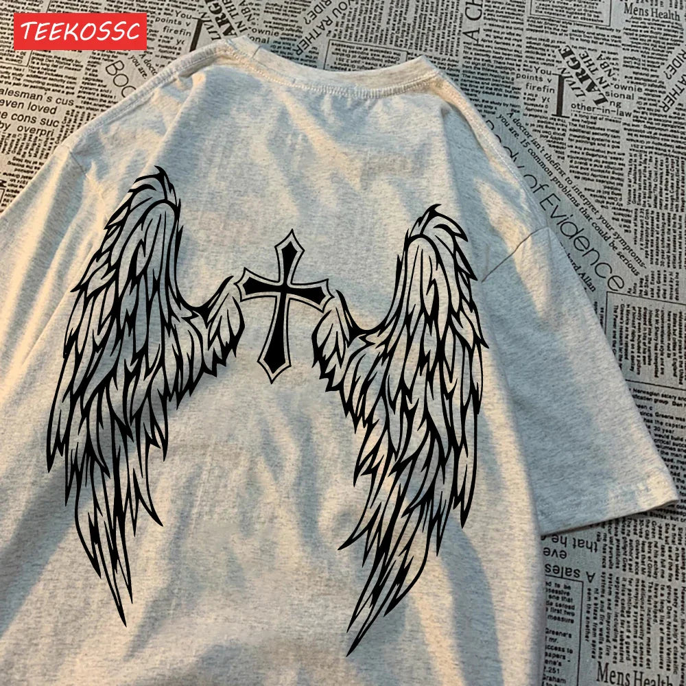 Casual Cotton Women's T-Shirt with Flying Wings and Cross Body Funny Prints Soft Oversize Short Sleeve O-Neck Comfortable Fashion Top