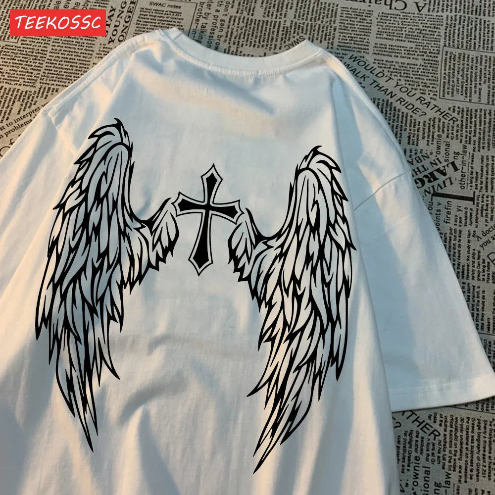 Casual Cotton Women's T-Shirt with Flying Wings and Cross Body Funny Prints Soft Oversize Short Sleeve O-Neck Comfortable Fashion Top
