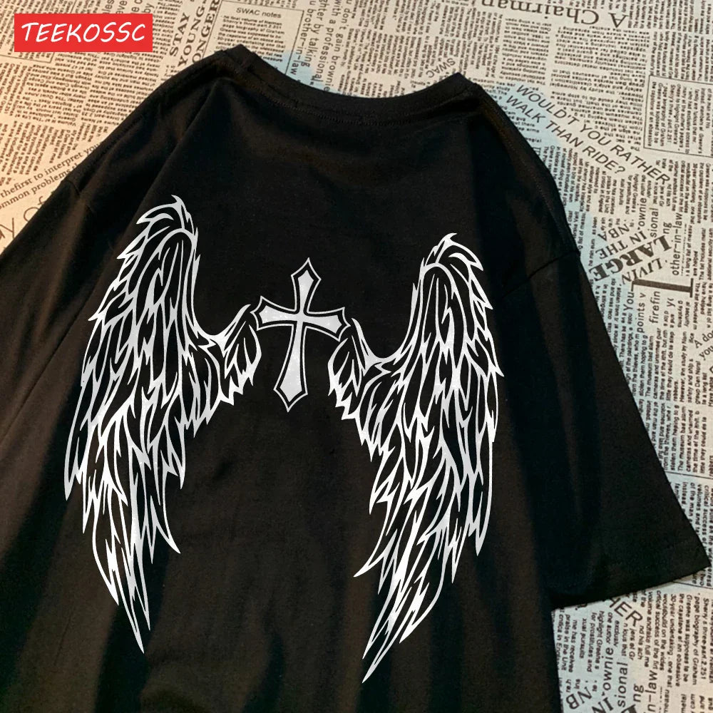 Casual Cotton Women's T-Shirt with Flying Wings and Cross Body Funny Prints Soft Oversize Short Sleeve O-Neck Comfortable Fashion Top