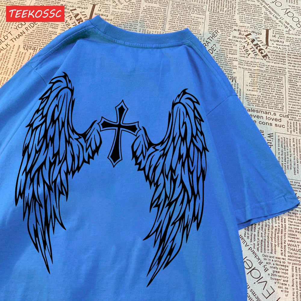 Casual Cotton Women's T-Shirt with Flying Wings and Cross Body Funny Prints Soft Oversize Short Sleeve O-Neck Comfortable Fashion Top