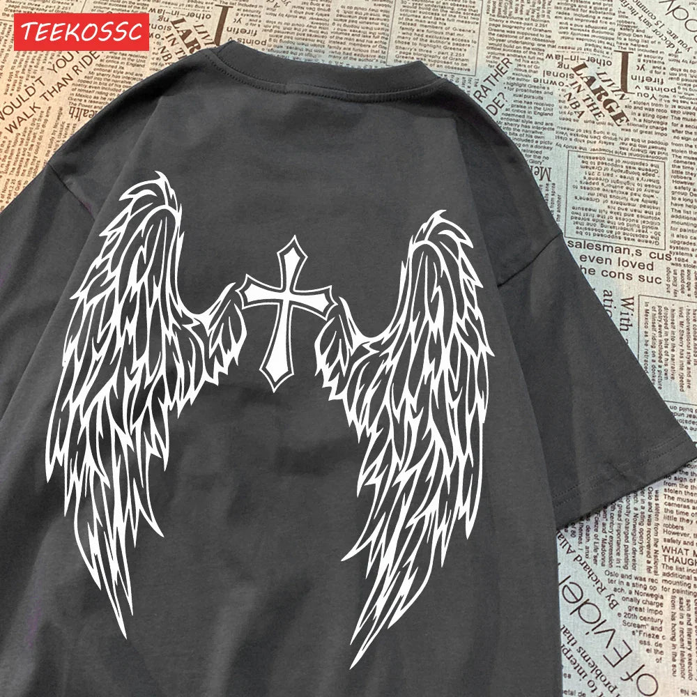 Casual Cotton Women's T-Shirt with Flying Wings and Cross Body Funny Prints Soft Oversize Short Sleeve O-Neck Comfortable Fashion Top