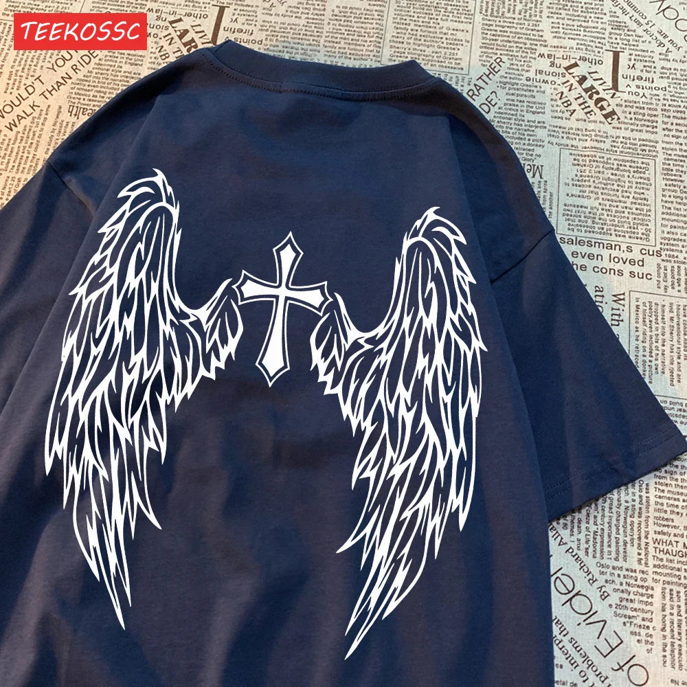 Casual Cotton Women's T-Shirt with Flying Wings and Cross Body Funny Prints Soft Oversize Short Sleeve O-Neck Comfortable Fashion Top