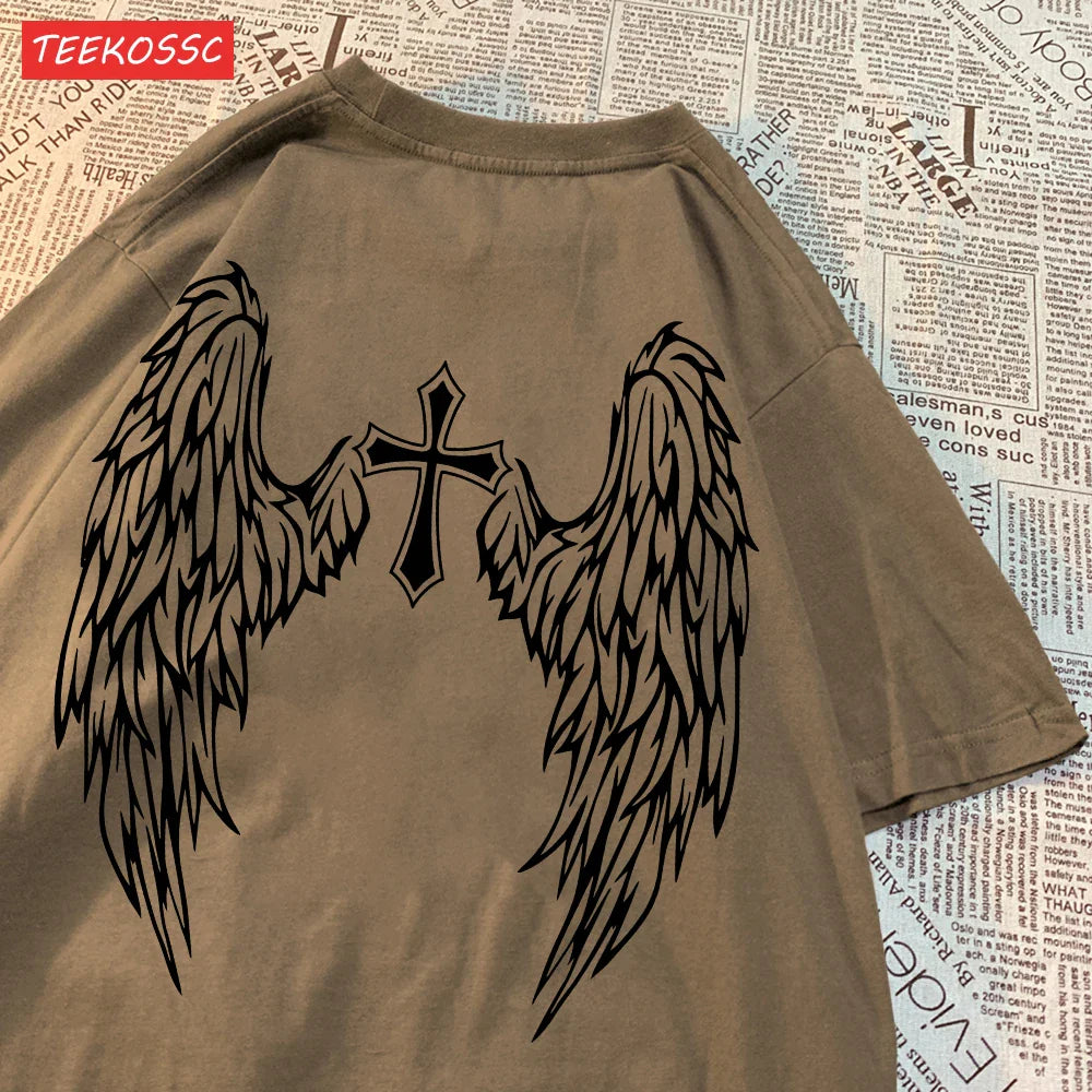 Casual Cotton Women's T-Shirt with Flying Wings and Cross Body Funny Prints Soft Oversize Short Sleeve O-Neck Comfortable Fashion Top