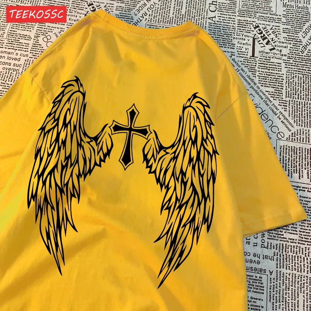Casual Cotton Women's T-Shirt with Flying Wings and Cross Body Funny Prints Soft Oversize Short Sleeve O-Neck Comfortable Fashion Top