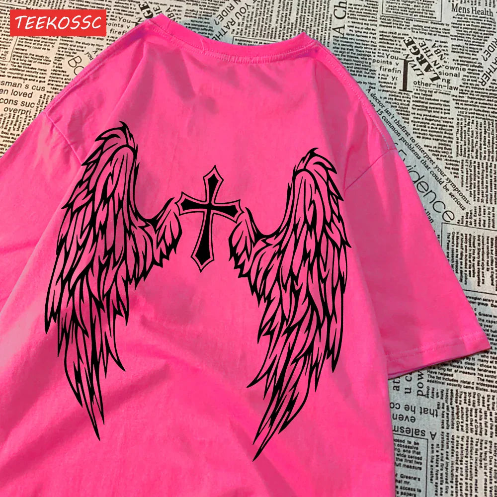 Casual Cotton Women's T-Shirt with Flying Wings and Cross Body Funny Prints Soft Oversize Short Sleeve O-Neck Comfortable Fashion Top