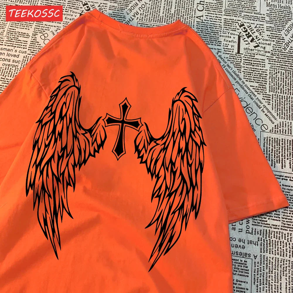 Casual Cotton Women's T-Shirt with Flying Wings and Cross Body Funny Prints Soft Oversize Short Sleeve O-Neck Comfortable Fashion Top