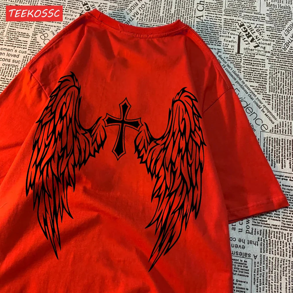 Casual Cotton Women's T-Shirt with Flying Wings and Cross Body Funny Prints Soft Oversize Short Sleeve O-Neck Comfortable Fashion Top