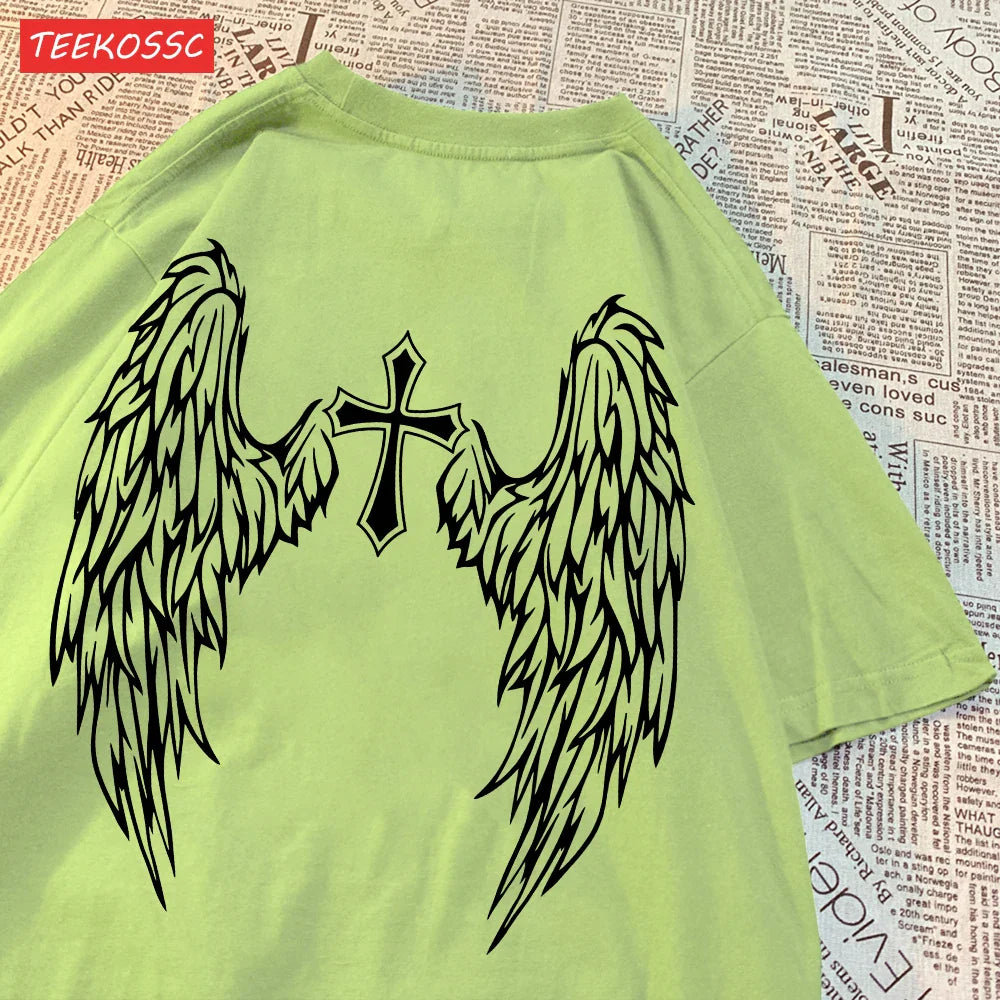 Casual Cotton Women's T-Shirt with Flying Wings and Cross Body Funny Prints Soft Oversize Short Sleeve O-Neck Comfortable Fashion Top