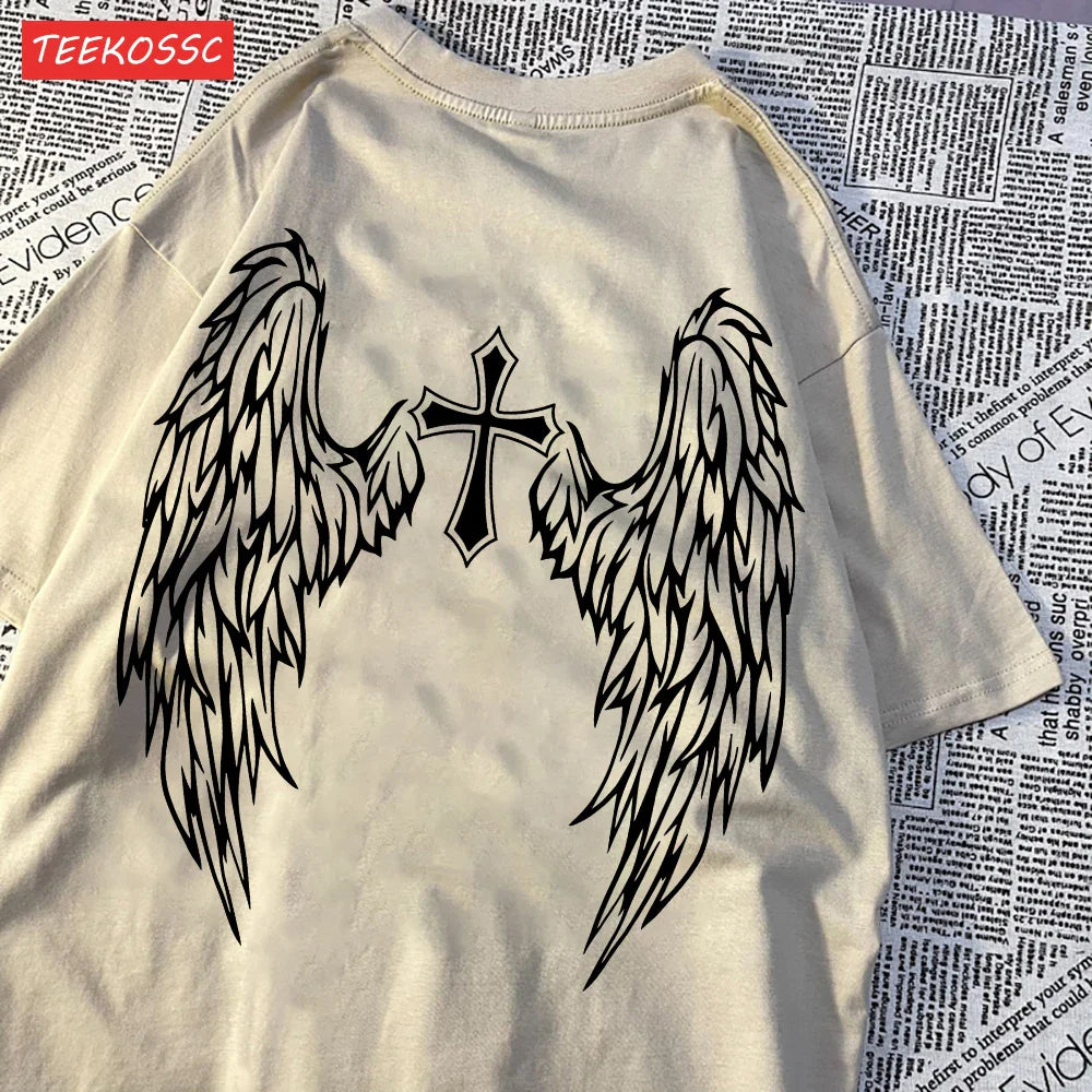 Casual Cotton Women's T-Shirt with Flying Wings and Cross Body Funny Prints Soft Oversize Short Sleeve O-Neck Comfortable Fashion Top