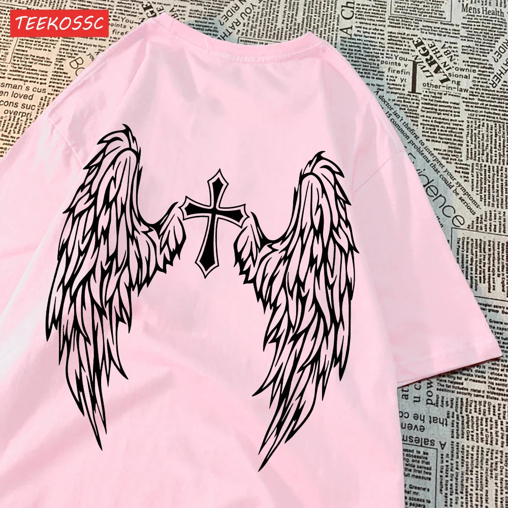 Casual Cotton Women's T-Shirt with Flying Wings and Cross Body Funny Prints Soft Oversize Short Sleeve O-Neck Comfortable Fashion Top
