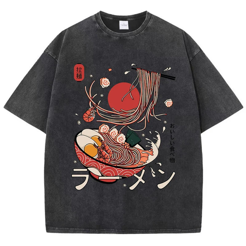 Ramen Noodles Graphic Cotton Washed Oversized T-Shirt for Women Comfortable O-Neck Short Sleeve Casual Harajuku Style Printed Top