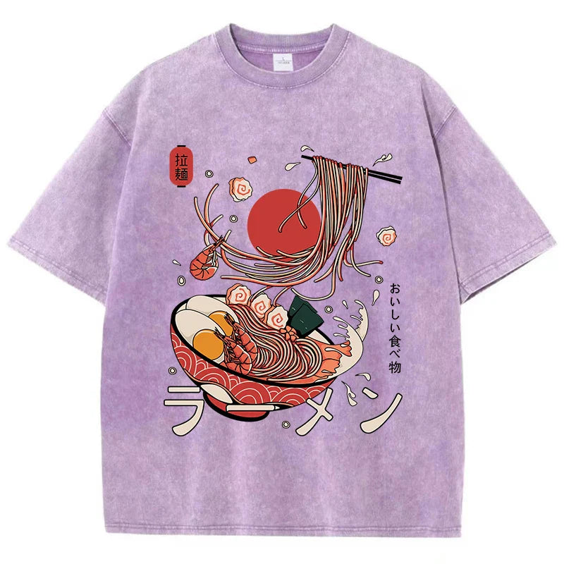 Ramen Noodles Graphic Cotton Washed Oversized T-Shirt for Women Comfortable O-Neck Short Sleeve Casual Harajuku Style Printed Top