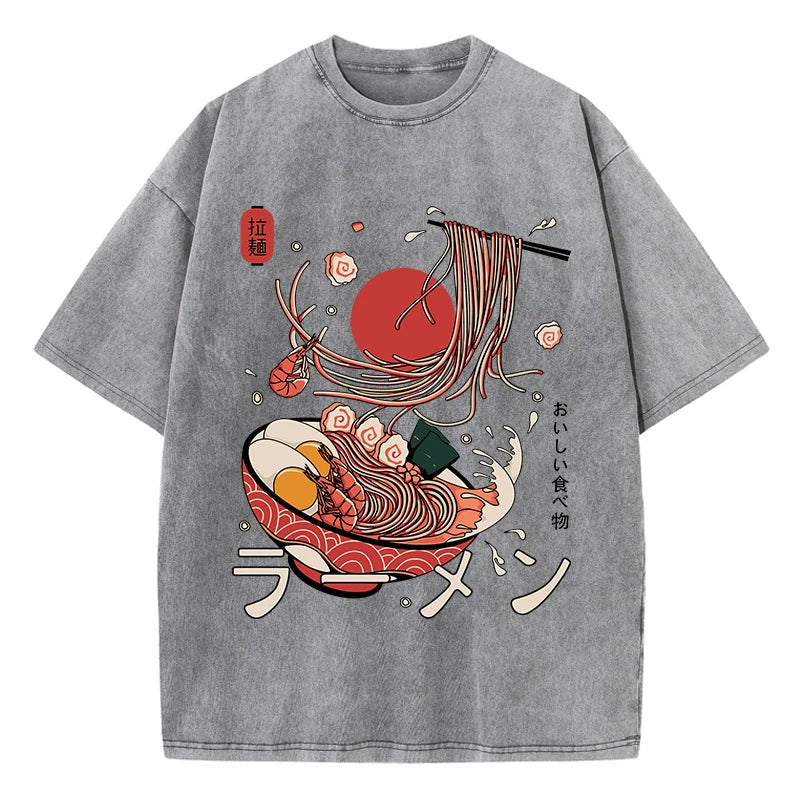 Ramen Noodles Graphic Cotton Washed Oversized T-Shirt for Women Comfortable O-Neck Short Sleeve Casual Harajuku Style Printed Top