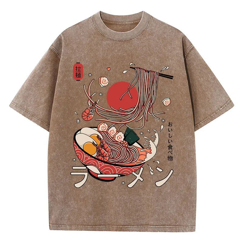 Ramen Noodles Graphic Cotton Washed Oversized T-Shirt for Women Comfortable O-Neck Short Sleeve Casual Harajuku Style Printed Top