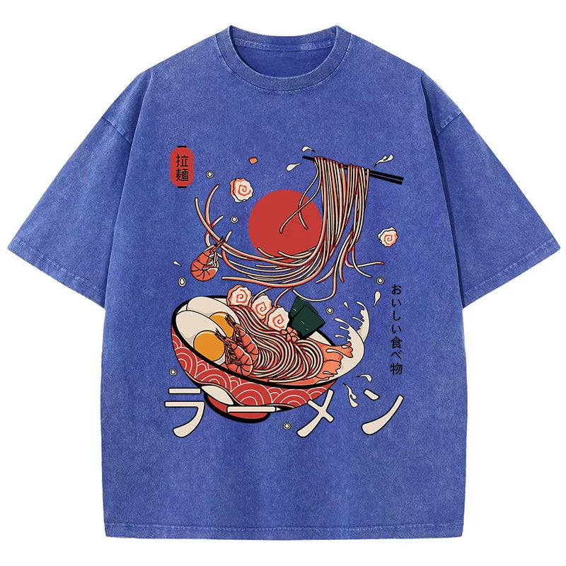 Ramen Noodles Graphic Cotton Washed Oversized T-Shirt for Women Comfortable O-Neck Short Sleeve Casual Harajuku Style Printed Top