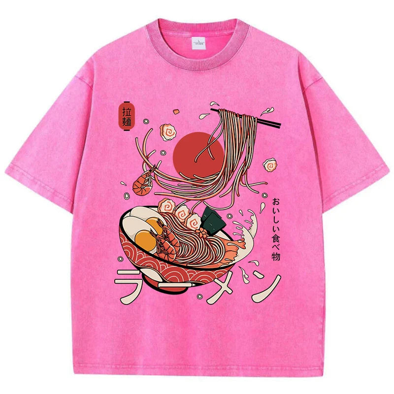 Ramen Noodles Graphic Cotton Washed Oversized T-Shirt for Women Comfortable O-Neck Short Sleeve Casual Harajuku Style Printed Top