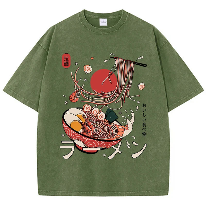 Ramen Noodles Graphic Cotton Washed Oversized T-Shirt for Women Comfortable O-Neck Short Sleeve Casual Harajuku Style Printed Top