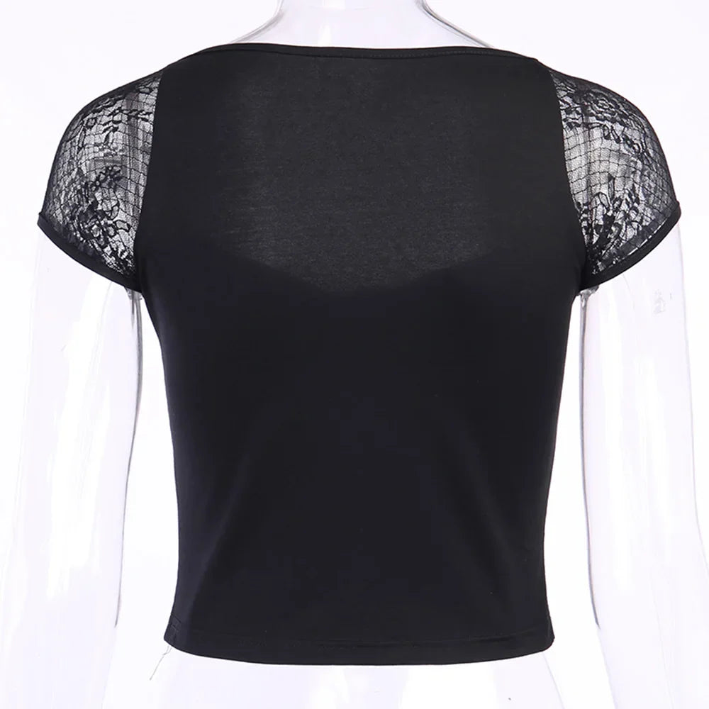 Sexy Gothic Lace Patchwork T-Shirt for Women Square Collar Short Sleeve Slim Fit Dark Punk Top with Lacing Details