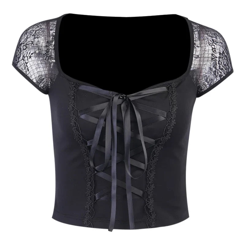 Sexy Gothic Lace Patchwork T-Shirt for Women Square Collar Short Sleeve Slim Fit Dark Punk Top with Lacing Details