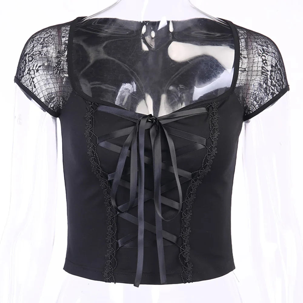 Sexy Gothic Lace Patchwork T-Shirt for Women Square Collar Short Sleeve Slim Fit Dark Punk Top with Lacing Details