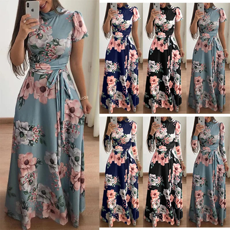Flower Print Short Sleeve Swing Dress for Women Elegant Casual Summer Dress with Flowy Fit