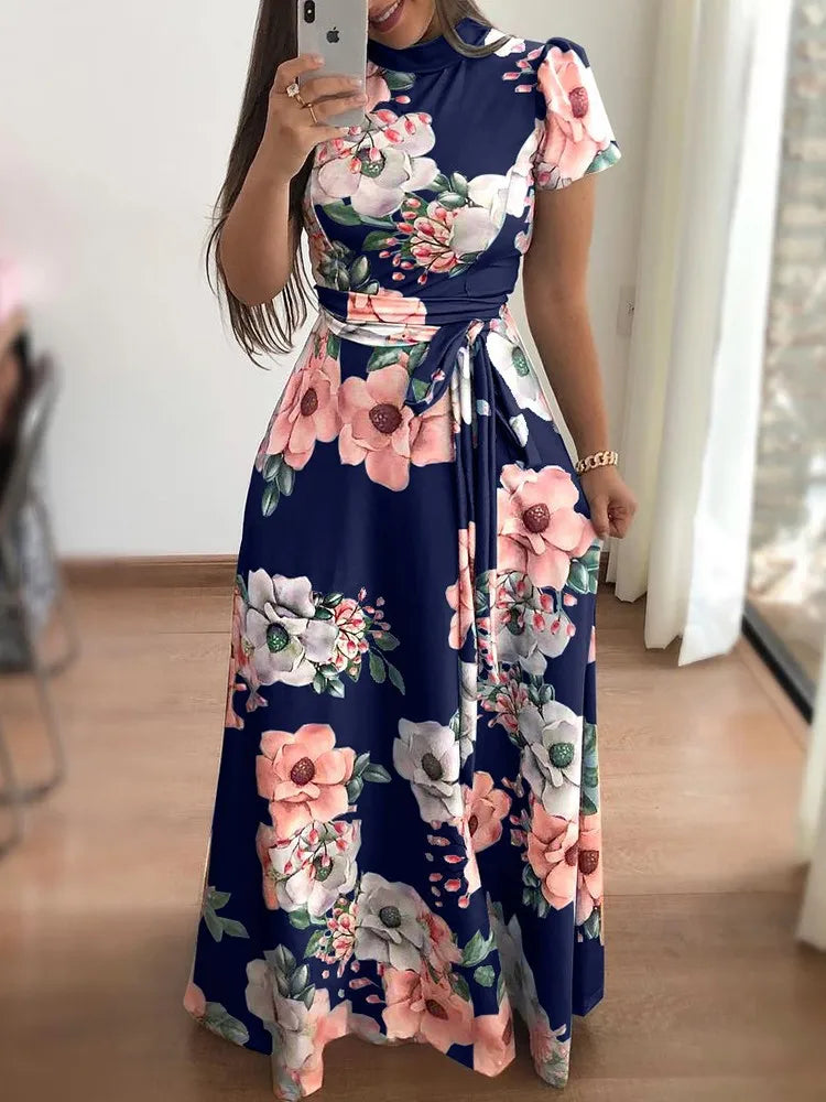 Flower Print Short Sleeve Swing Dress for Women Elegant Casual Summer Dress with Flowy Fit