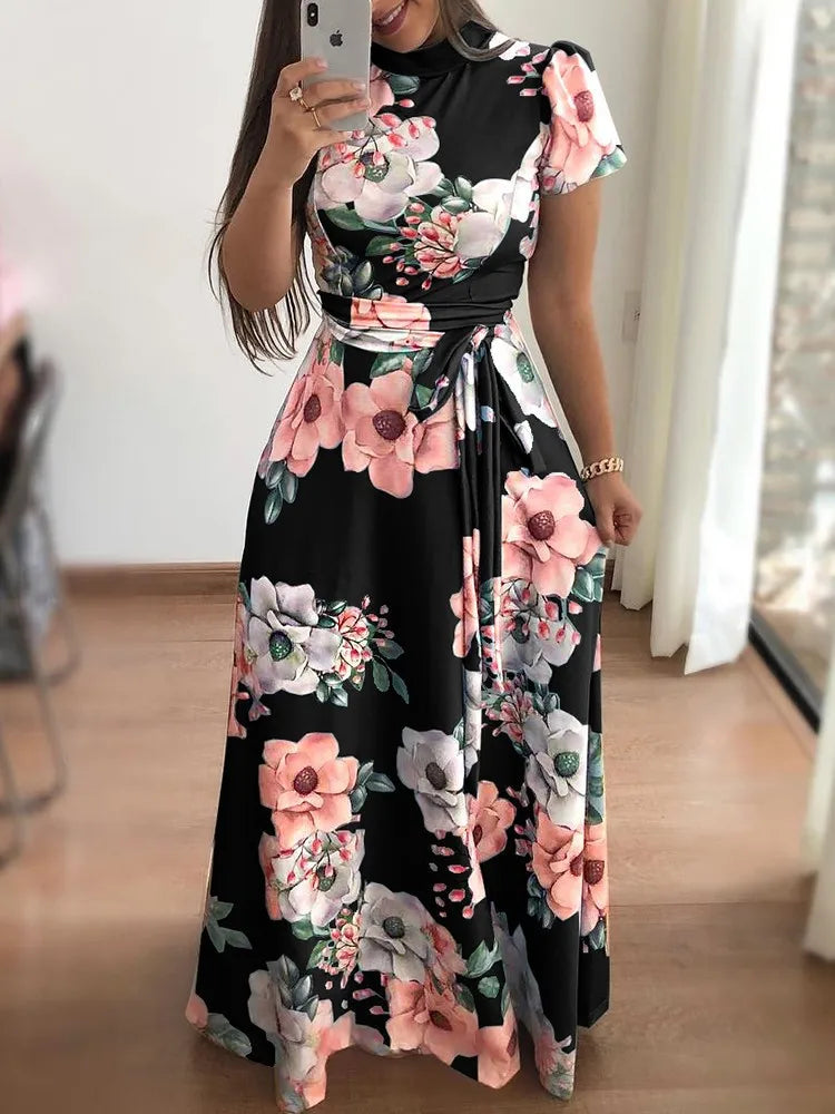 Flower Print Short Sleeve Swing Dress for Women Elegant Casual Summer Dress with Flowy Fit