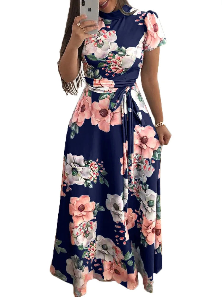 Flower Print Short Sleeve Swing Dress for Women Elegant Casual Summer Dress with Flowy Fit