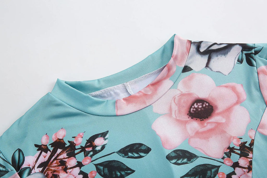 Flower Print Short Sleeve Swing Dress for Women Elegant Casual Summer Dress with Flowy Fit