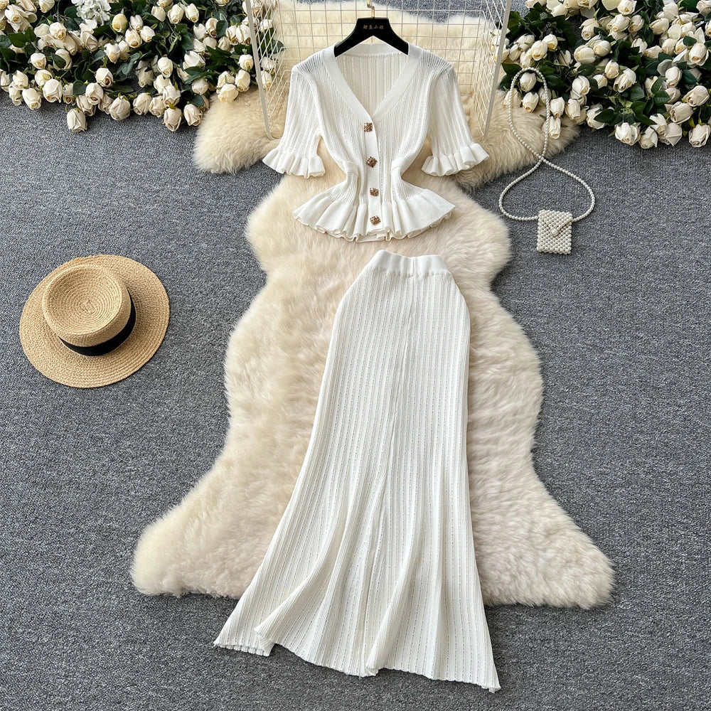 Elegant Women's Two Piece Set Featuring V-Neck Ruffled Knitted Top and Wrapped Hips Long Skirt Stylish and Comfortable Matching Outfit