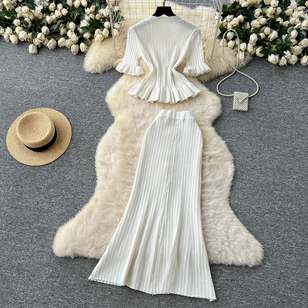 Elegant Women's Two Piece Set Featuring V-Neck Ruffled Knitted Top and Wrapped Hips Long Skirt Stylish and Comfortable Matching Outfit
