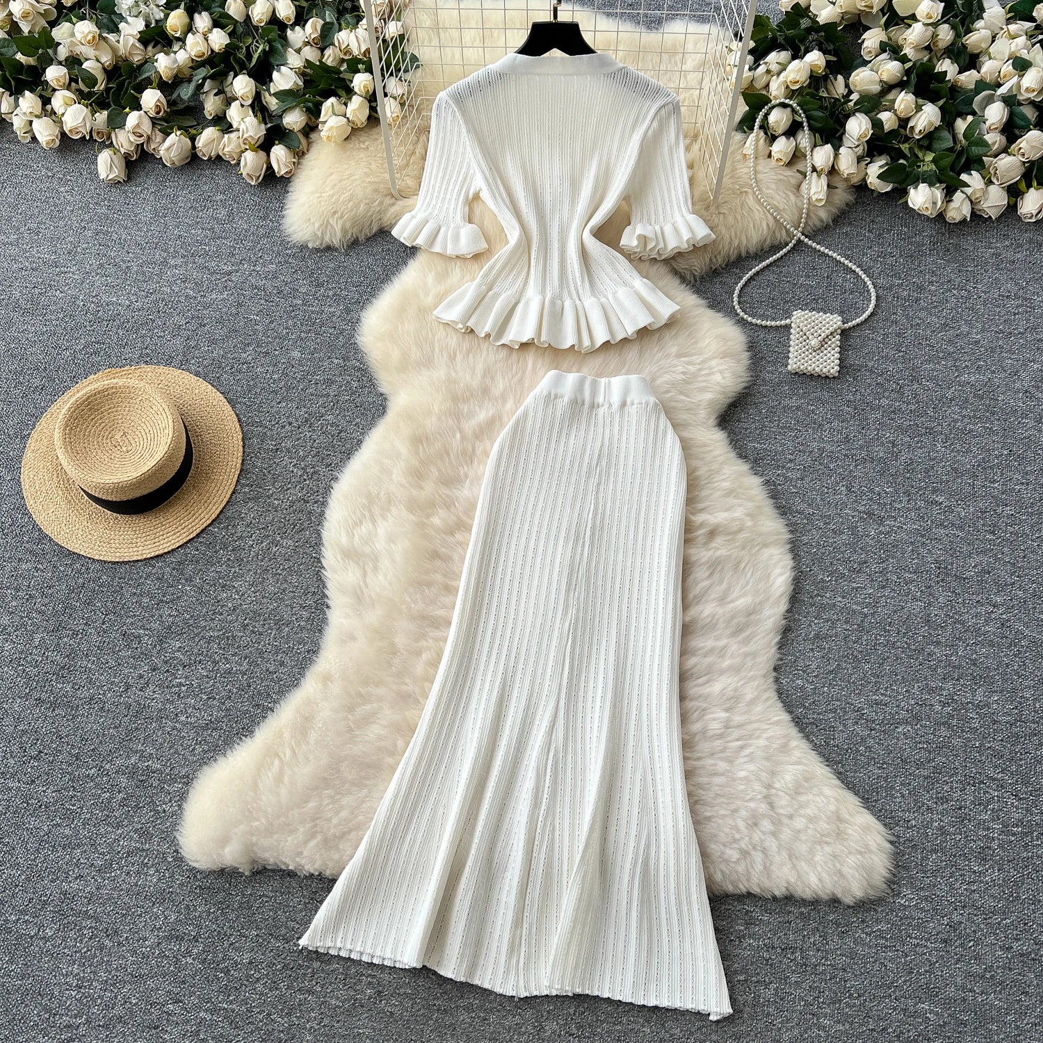 Elegant Women's Two Piece Set Featuring V-Neck Ruffled Knitted Top and Wrapped Hips Long Skirt Stylish and Comfortable Matching Outfit