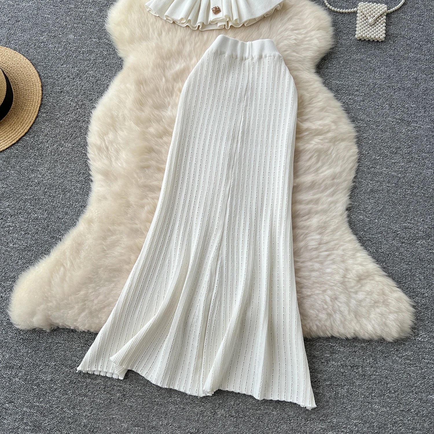 Elegant Women's Two Piece Set Featuring V-Neck Ruffled Knitted Top and Wrapped Hips Long Skirt Stylish and Comfortable Matching Outfit